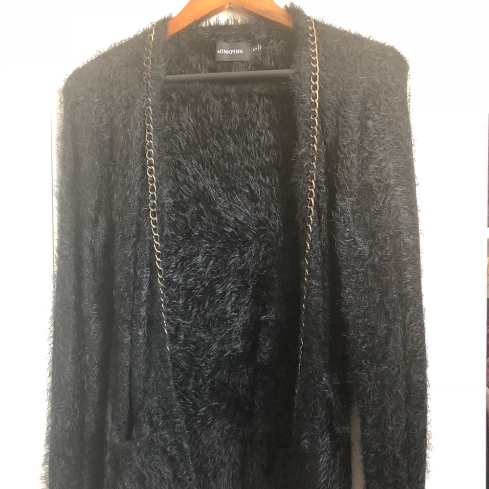 Mink Pink black faux fur sweater with gold chain